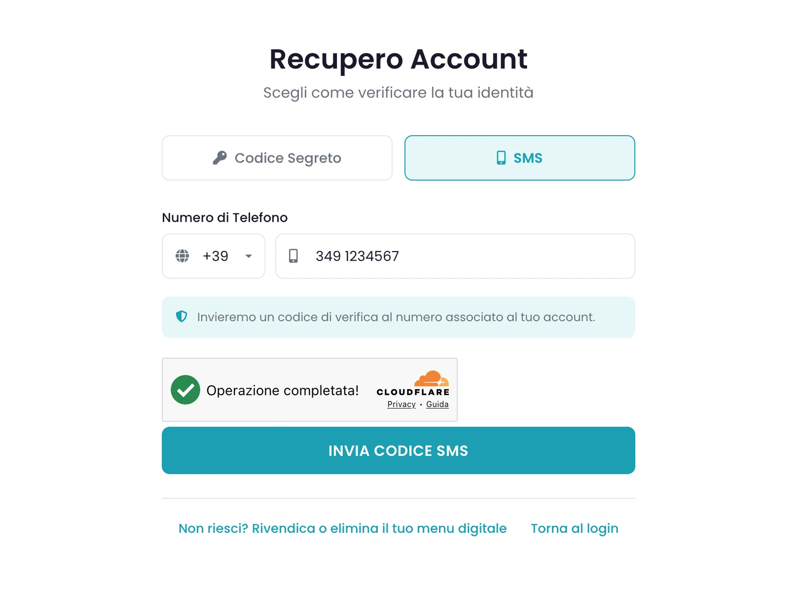 Pagina Recupero Account con la scheda SMS selezionata, il prefisso internazionale e il campo del numero di telefono