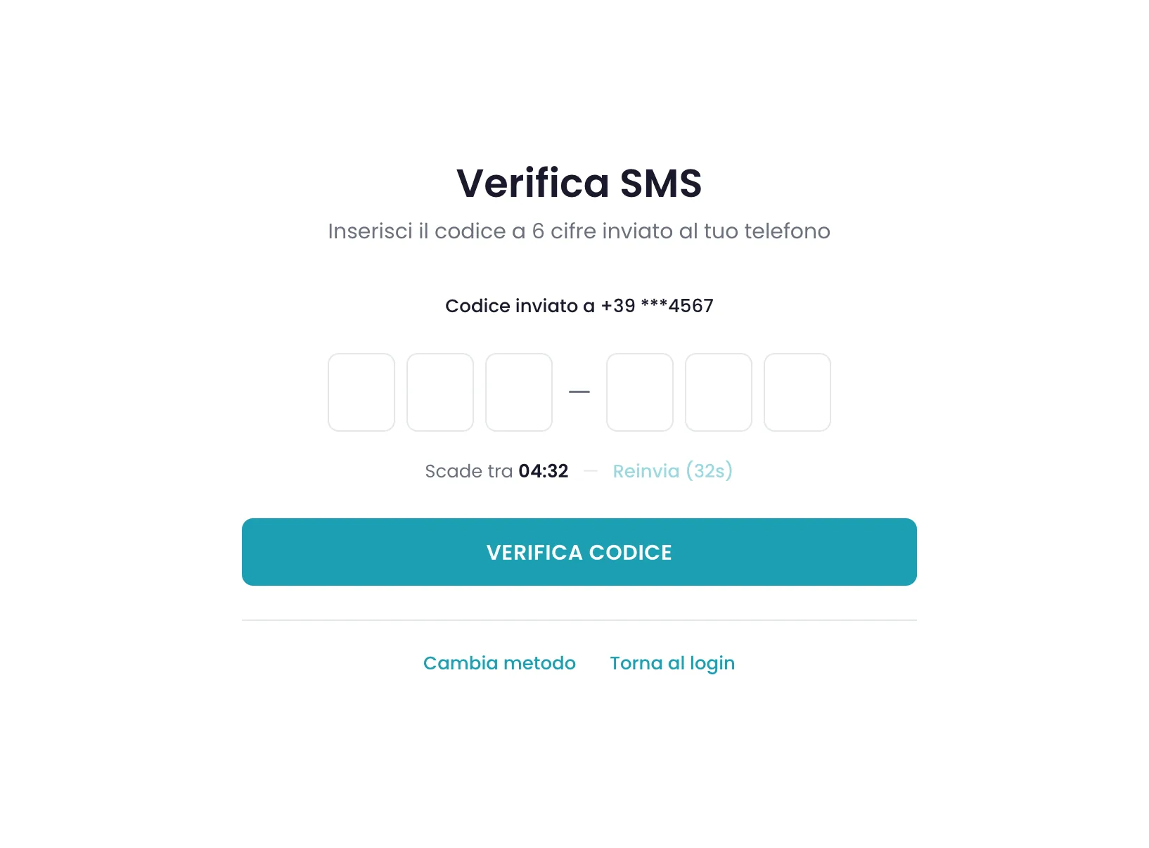 Schermata Verifica SMS con i sei campi per il codice, il timer di scadenza e il link per reinviare il codice