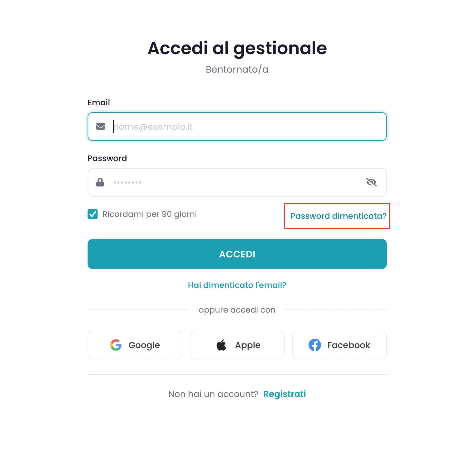 Modulo di accesso al gestionale con il link Password dimenticata evidenziato sotto al campo password