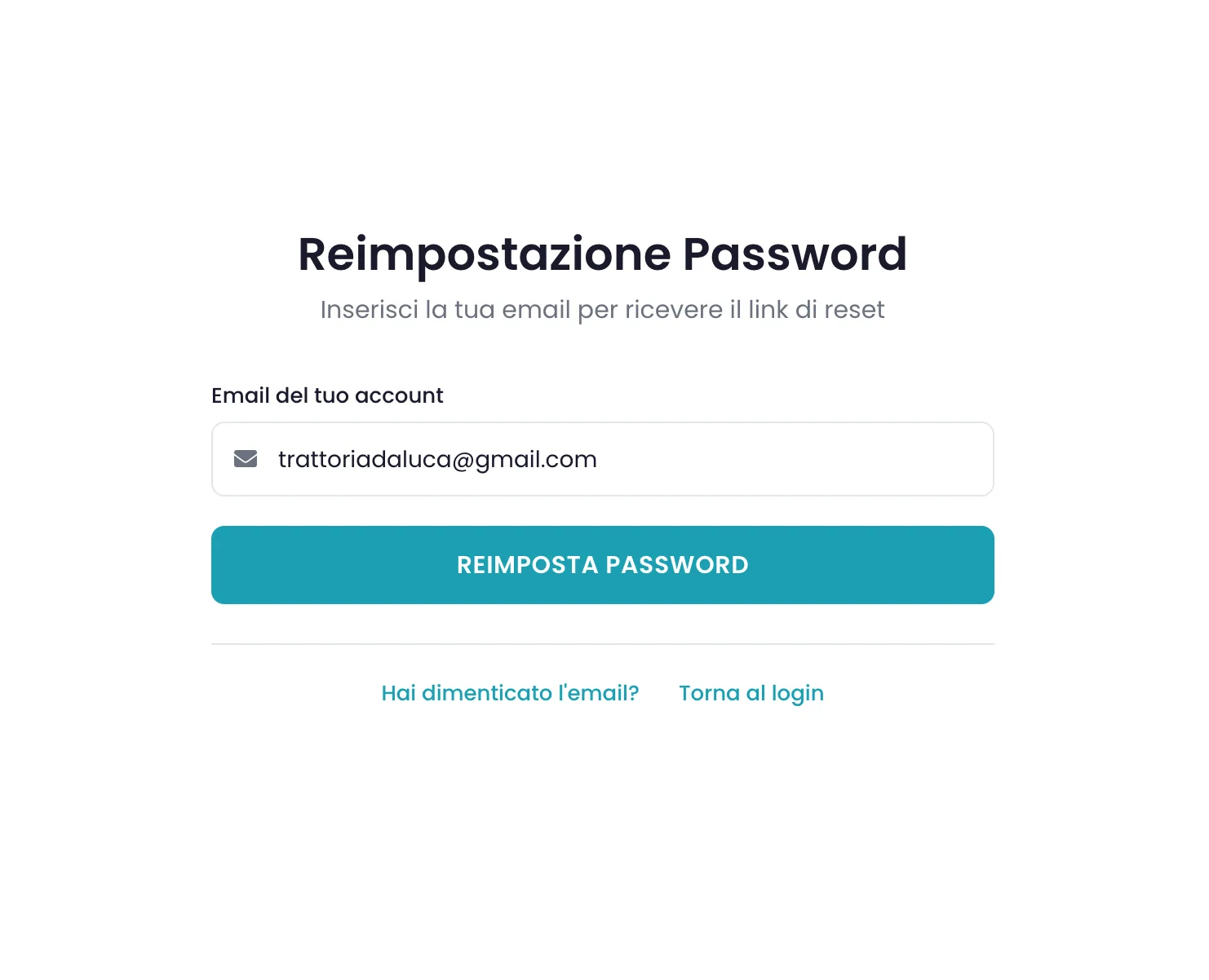 Schermata Reimpostazione Password con il campo email del proprio account compilato e il bottone Reimposta Password