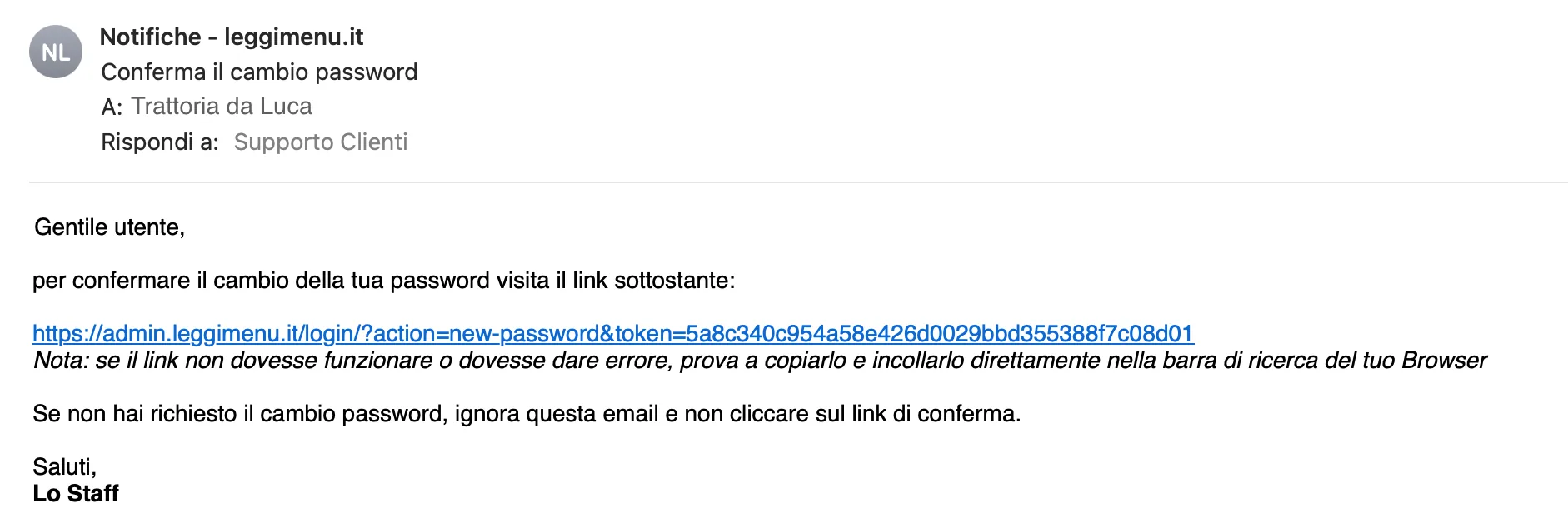 Email ricevuta da leggimenu con oggetto Conferma il cambio password e il link di reimpostazione ben visibile