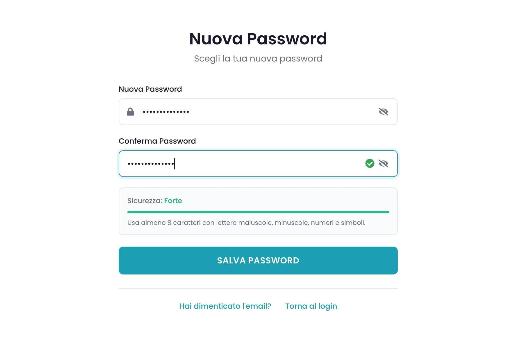 Schermata Nuova Password con i campi Nuova Password e Conferma Password e il misuratore di sicurezza che indica Forte