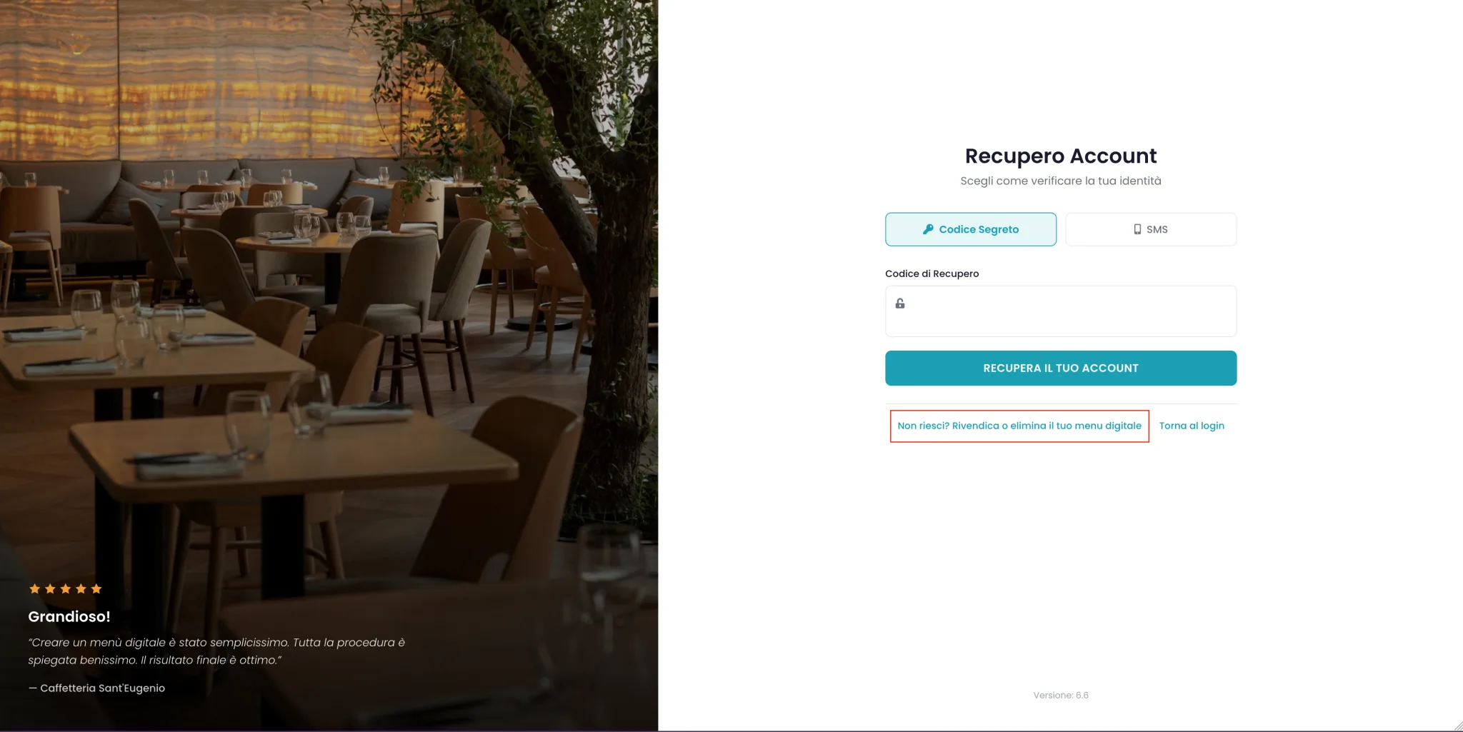 Pagina di recupero account con evidenziato il collegamento Non riesci? Rivendica o elimina il tuo menu digitale