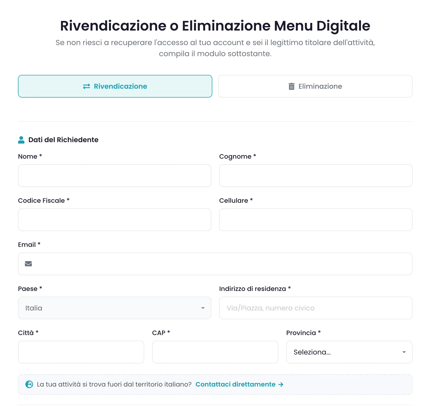 Sezione Dati del Richiedente del modulo con i campi nome, cognome, codice fiscale, cellulare, email e indirizzo di residenza