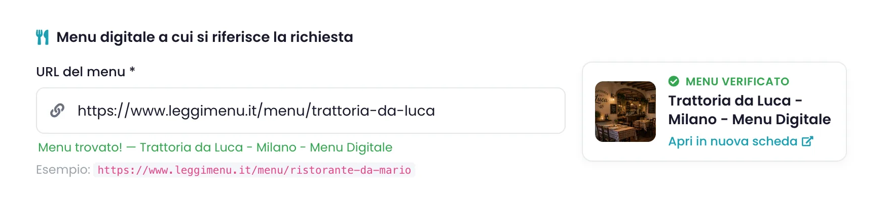 Campo URL del menu compilato con accanto l'anteprima Menu verificato, il titolo del menu e il link per aprirlo