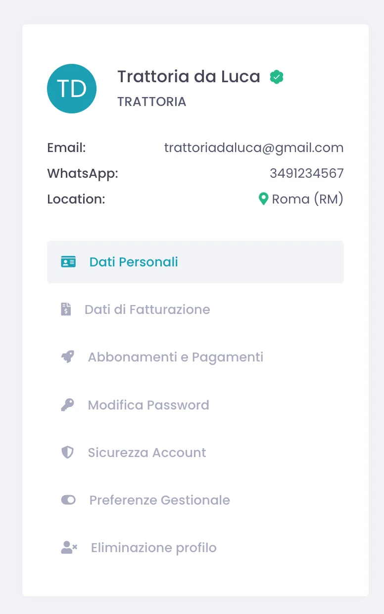 Scheda del Profilo Personale con la spunta verde di account verificato accanto al nome dell'attività e il menu delle sezioni del profilo