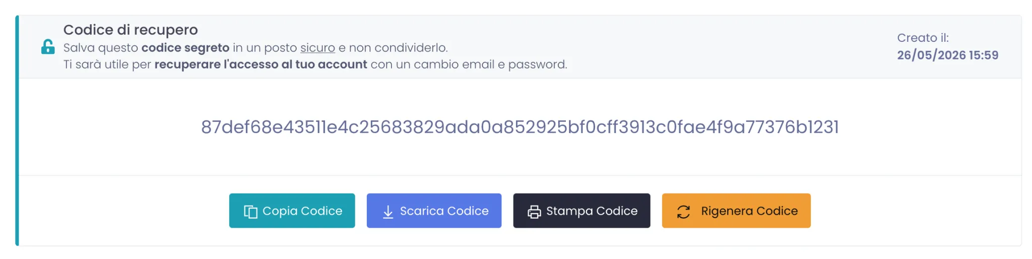 Riquadro Codice di recupero nella sezione Sicurezza Account con il codice, la data di creazione e i bottoni Copia, Scarica, Stampa e Rigenera