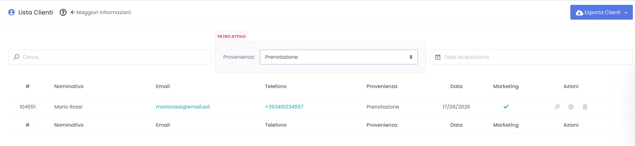 Lista clienti con i filtri in alto (ricerca, provenienza, data acquisizione) e una riga di esempio con la colonna Marketing