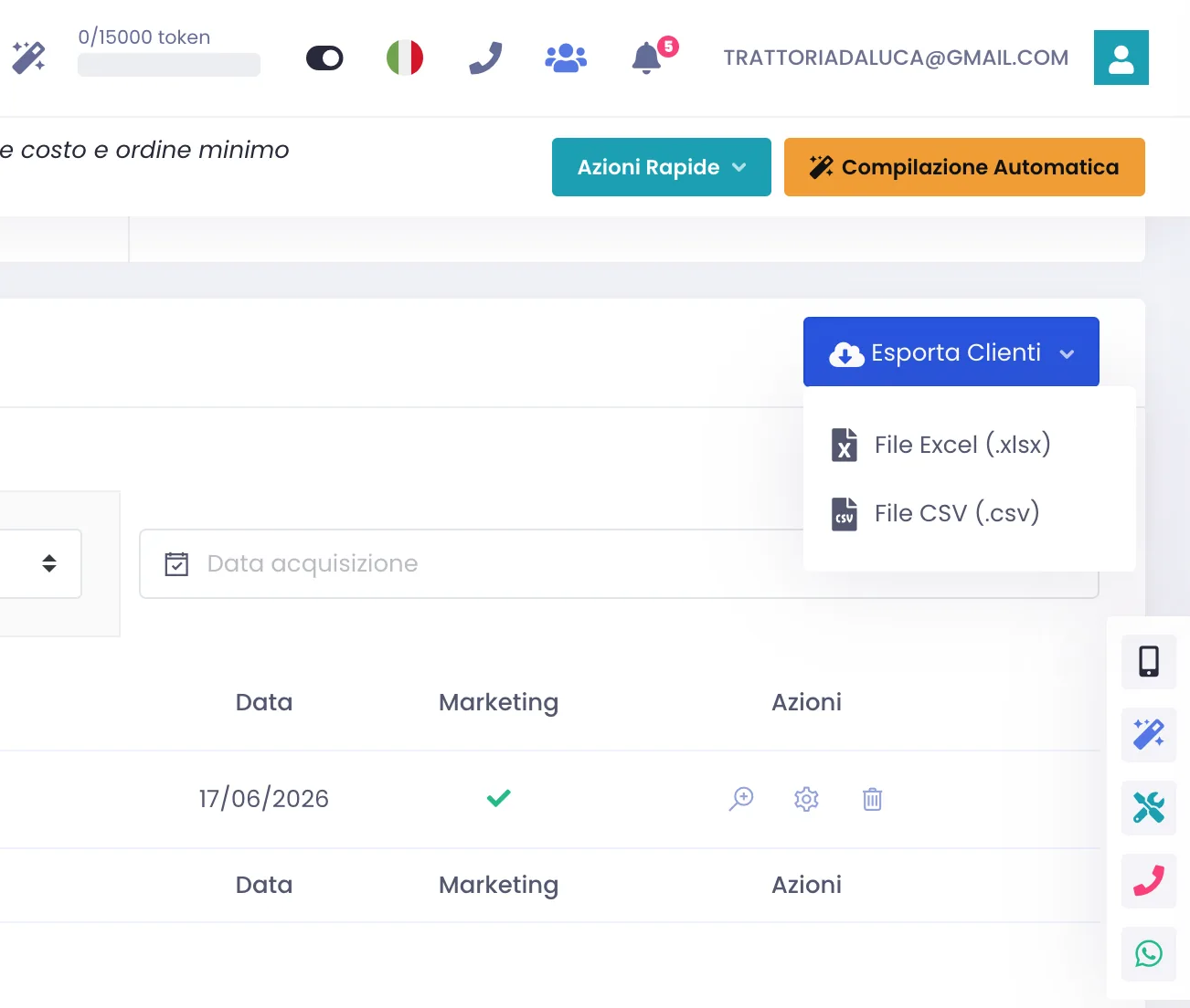 Bottone Esporta Clienti aperto con le due opzioni File Excel (.xlsx) e File CSV (.csv) nell'elenco a tendina