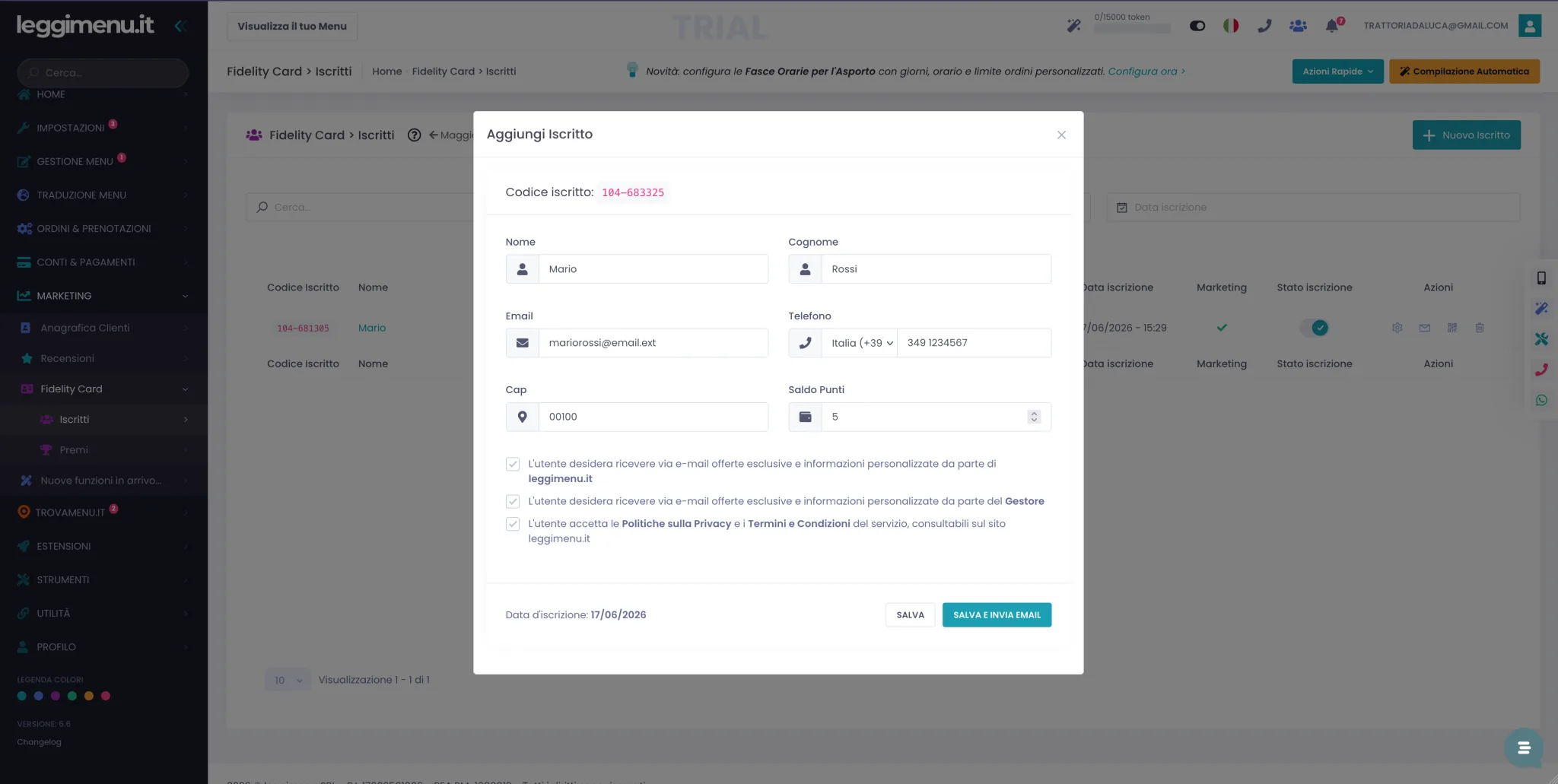Modulo Aggiungi Iscritto con i campi anagrafici compilati e i tre checkbox dei consensi