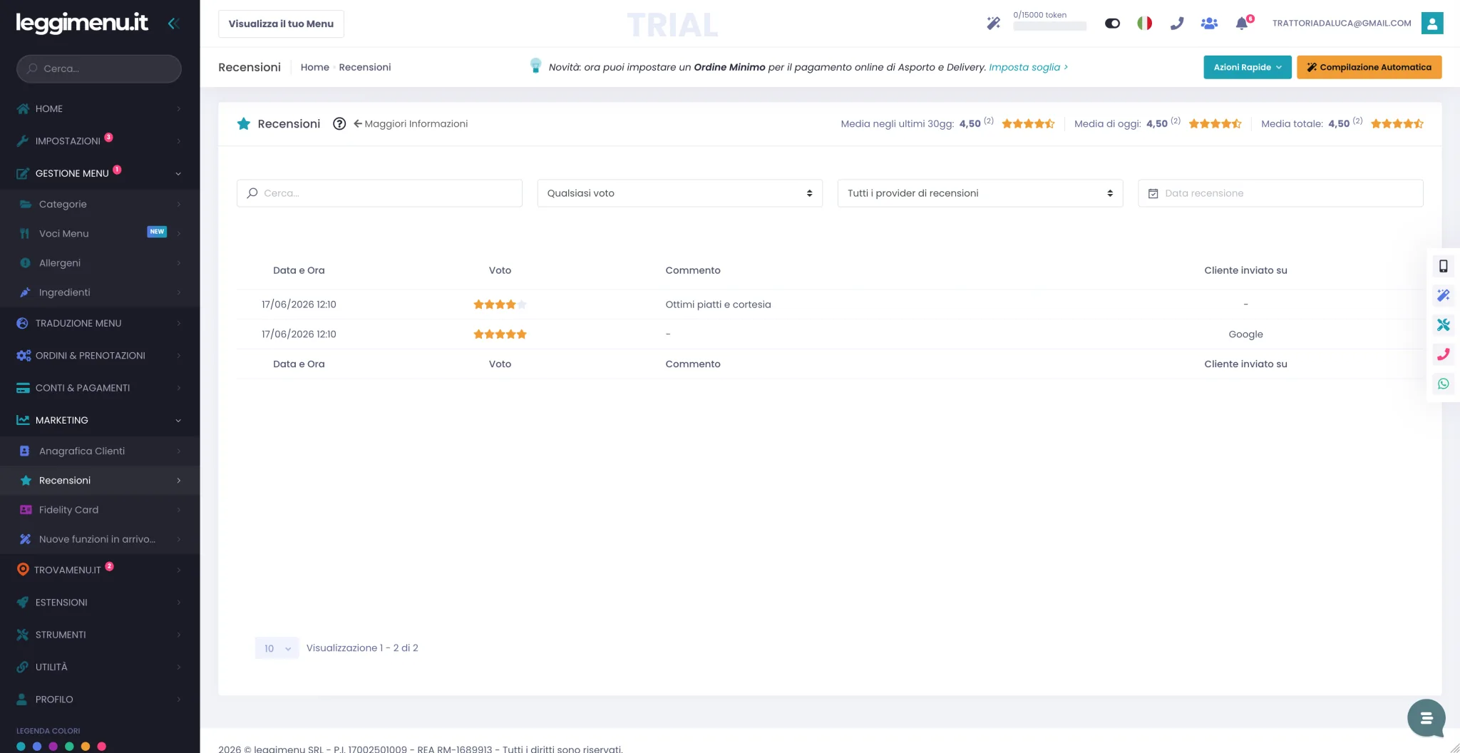 Pagina Marketing Recensioni con la barra delle tre medie in alto, la riga dei filtri e la lista delle recensioni