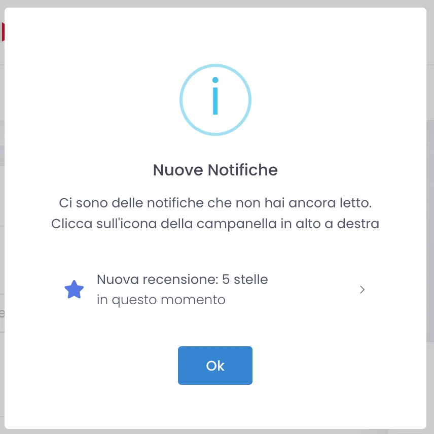 Avviso Nuove Notifiche nel gestionale con la voce Nuova recensione a 5 stelle appena arrivata