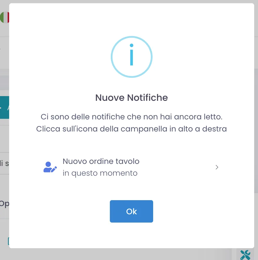 Avviso Nuove Notifiche nel gestionale con la voce Nuovo ordine tavolo appena arrivato