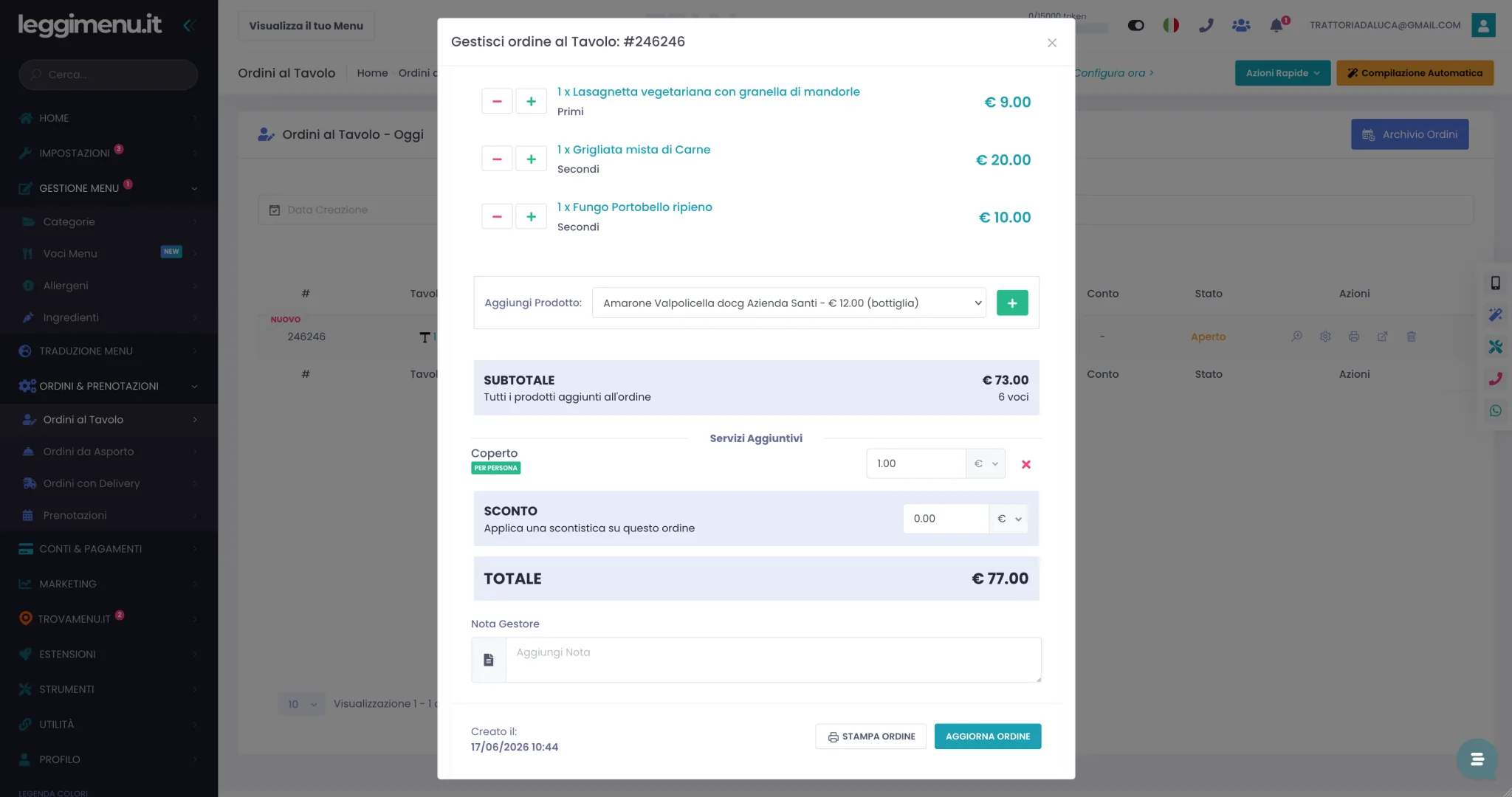Finestra Gestisci ordine al Tavolo con la lista prodotti modificabile, i controlli più e meno, Aggiungi Prodotto, sconto e totale ricalcolato