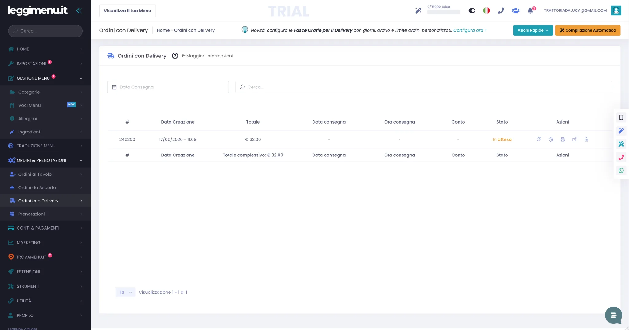 Pagina Ordini con Delivery con la lista degli ordini, la barra di ricerca e il filtro Data Consegna in alto