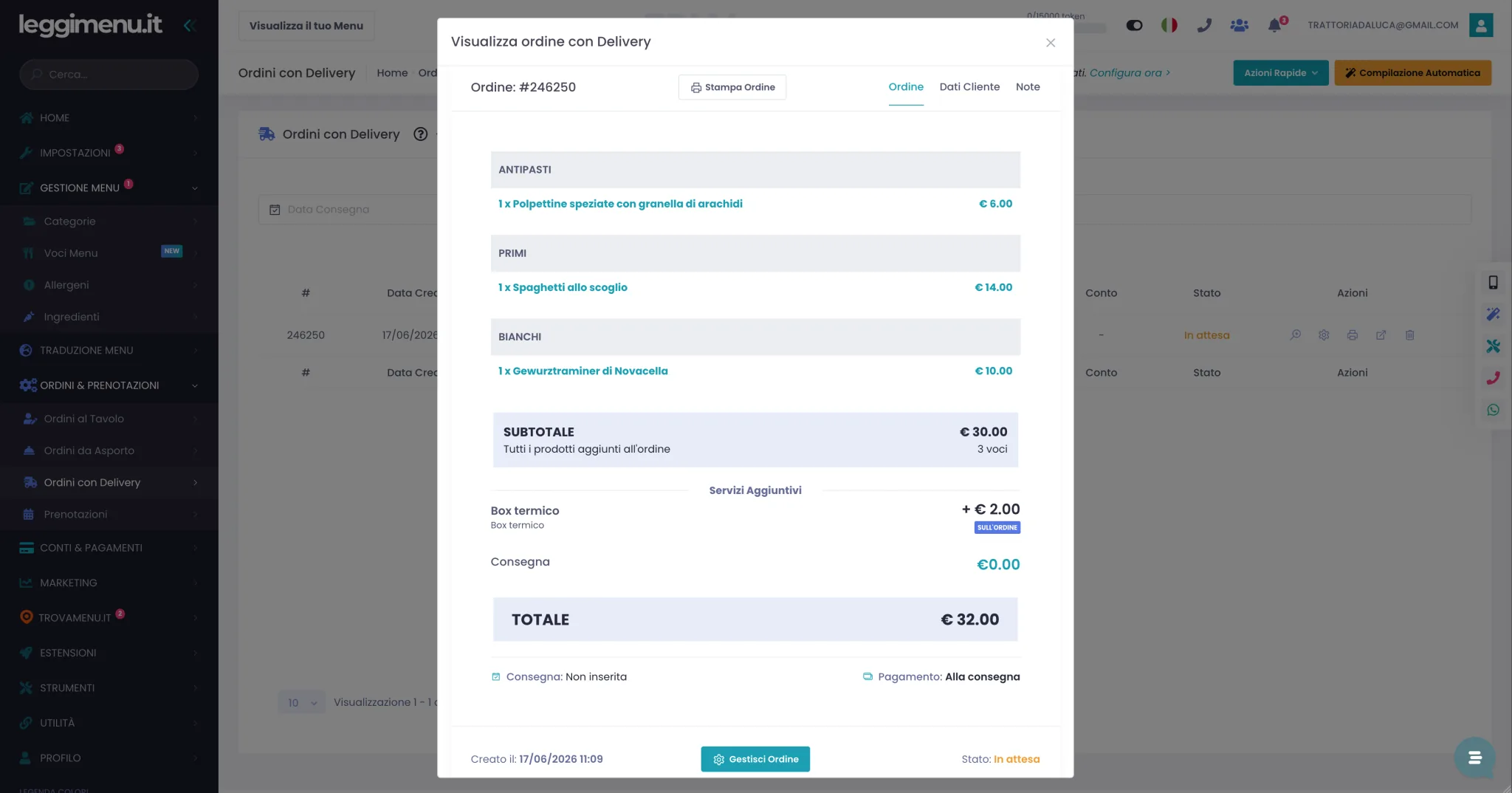 Finestra Visualizza ordine con Delivery sulla tab Ordine con il riepilogo dei piatti, i servizi aggiuntivi, il costo di consegna e il totale