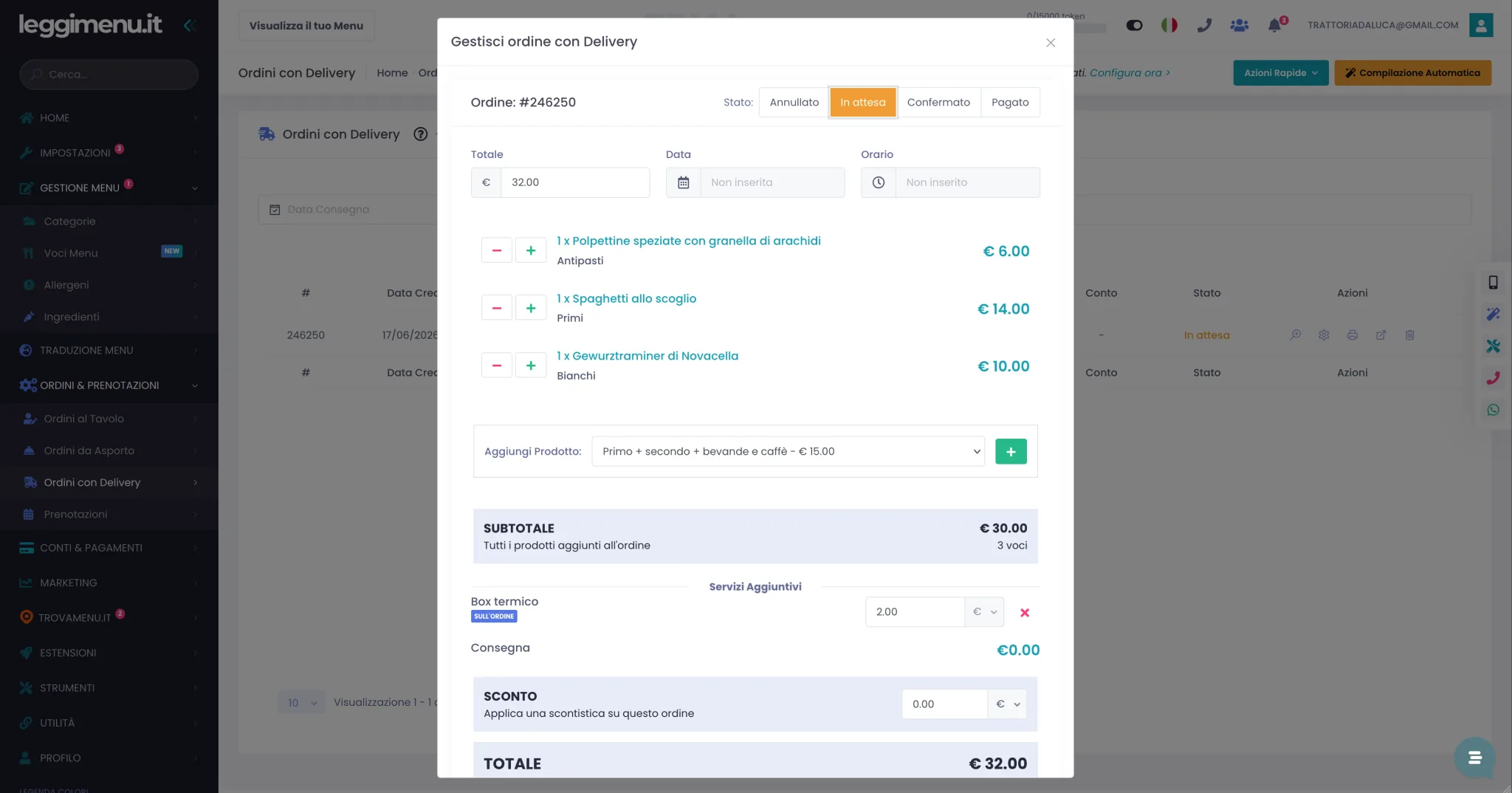 Finestra Gestisci ordine con Delivery con i pulsanti degli stati in alto, i campi Data e Ora consegna, la lista prodotti modificabile, sconto e totale