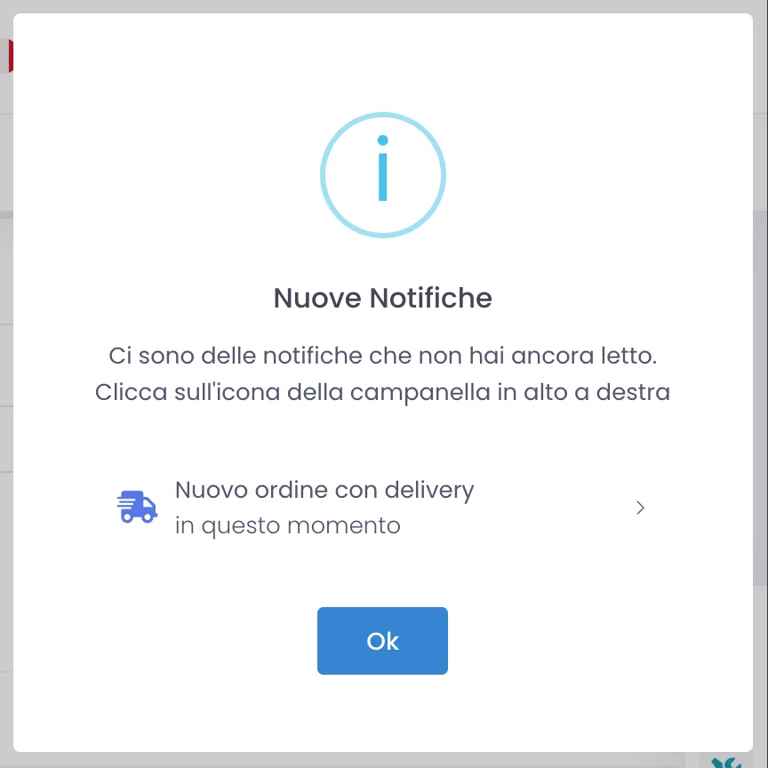 Avviso Nuove Notifiche nel gestionale con la voce Nuovo ordine con delivery appena arrivato