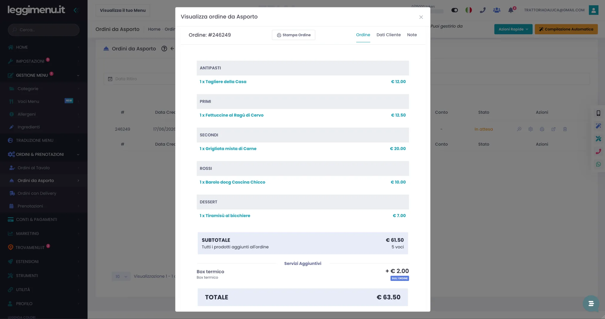 Finestra Visualizza ordine da Asporto sulla tab Ordine con i prodotti raggruppati per categoria, subtotale, servizi aggiuntivi e totale