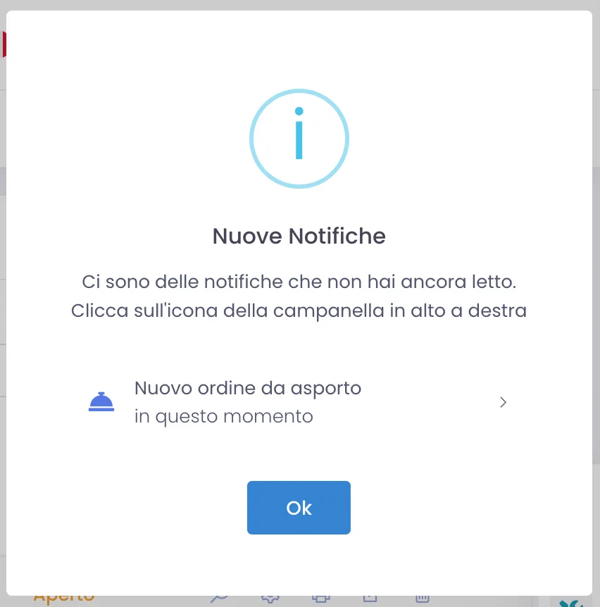 Avviso Nuove Notifiche nel gestionale con la voce Nuovo ordine da asporto appena arrivato