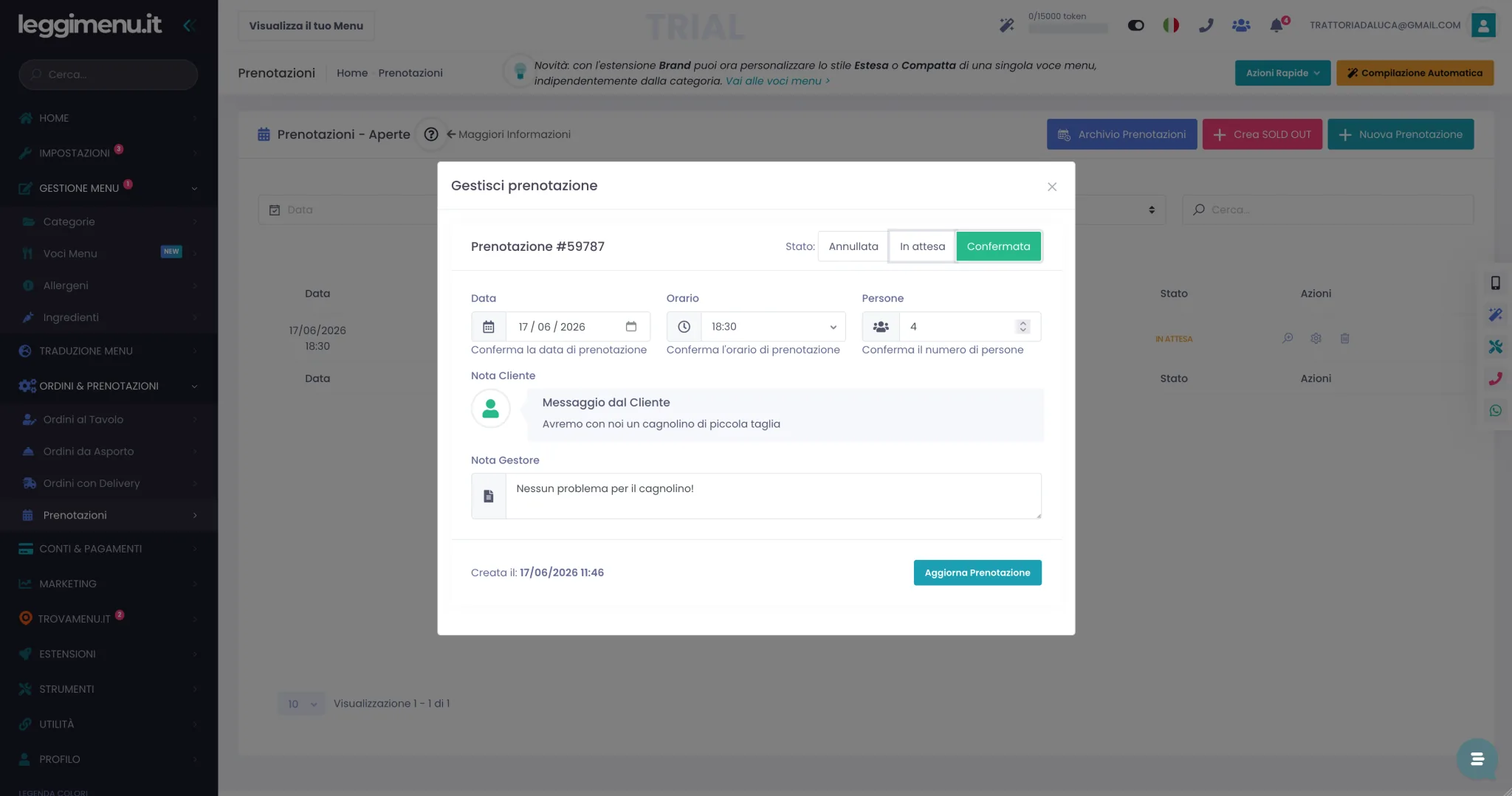 Finestra Gestisci Prenotazione con i pulsanti di stato in alto, il messaggio del cliente in evidenza, la Nota Gestore e il bottone Aggiorna Prenotazione