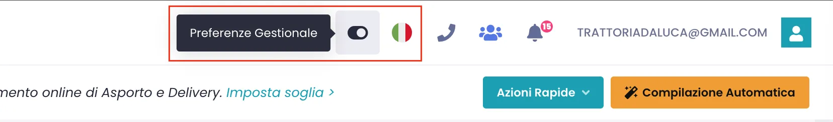 Barra in alto a destra del gestionale con l'icona a forma di interruttore Preferenze Gestionale e la bandierina della lingua attiva evidenziate