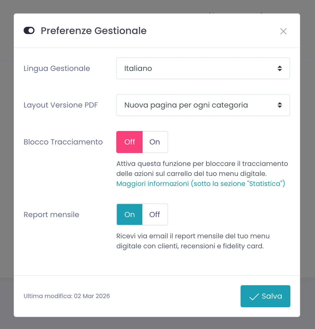 Finestra Preferenze Gestionale aperta con le opzioni Lingua Gestionale, Layout Versione PDF, Blocco Tracciamento e Report mensile