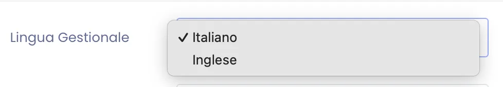 Elenco a tendina della preferenza Lingua Gestionale aperto con le opzioni Italiano e Inglese