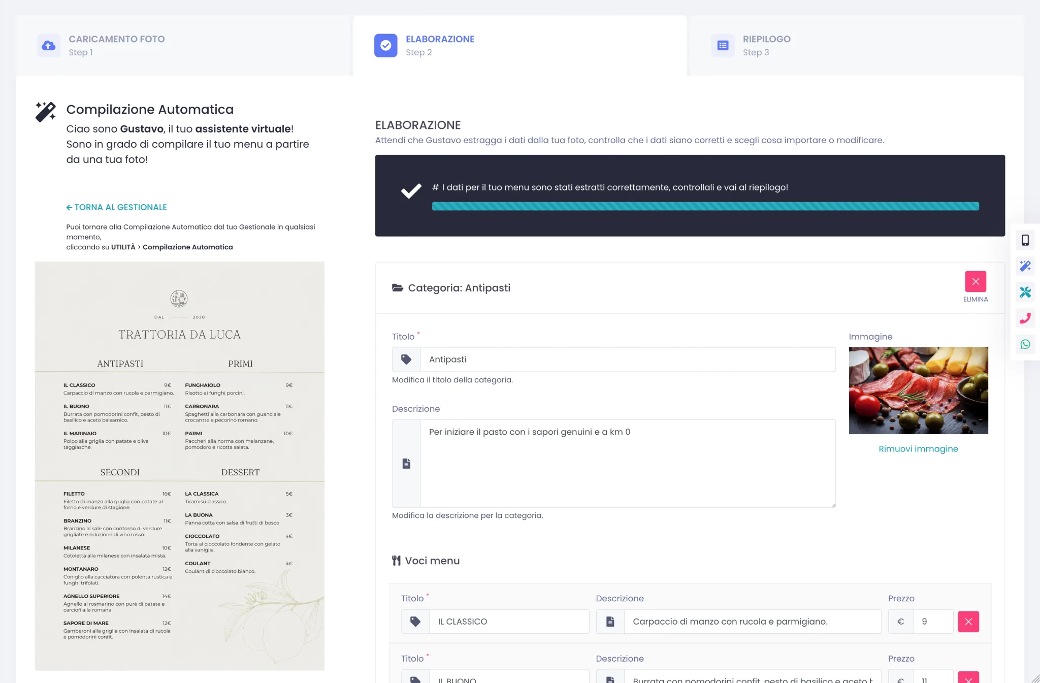 Form editabile con i dati estratti dall'AI: titolo categoria, descrizione, immagine generata e elenco voci con prezzi