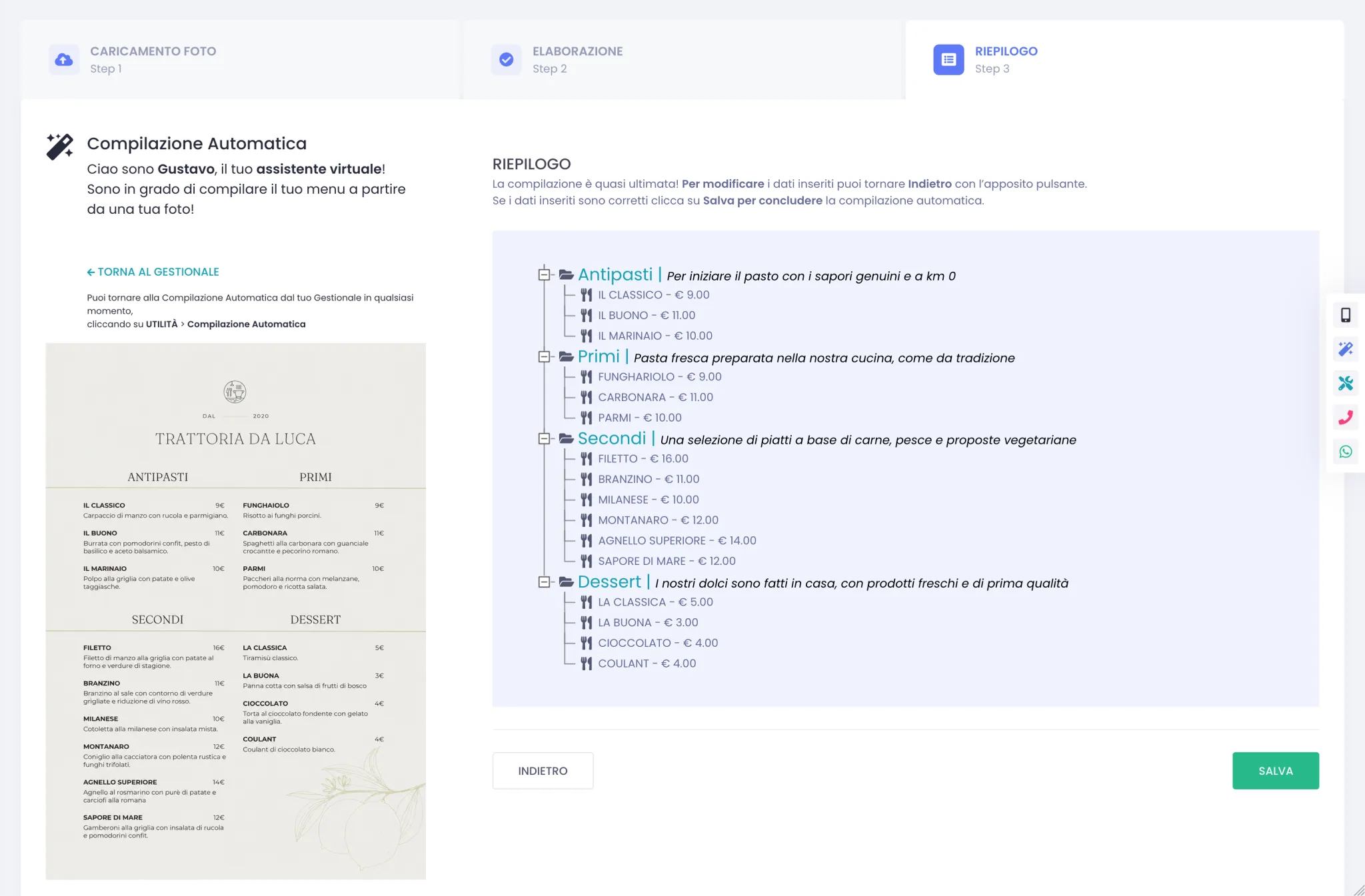 Riepilogo finale del menu da importare, in vista ad albero, con categorie aperte e voci elencate sotto