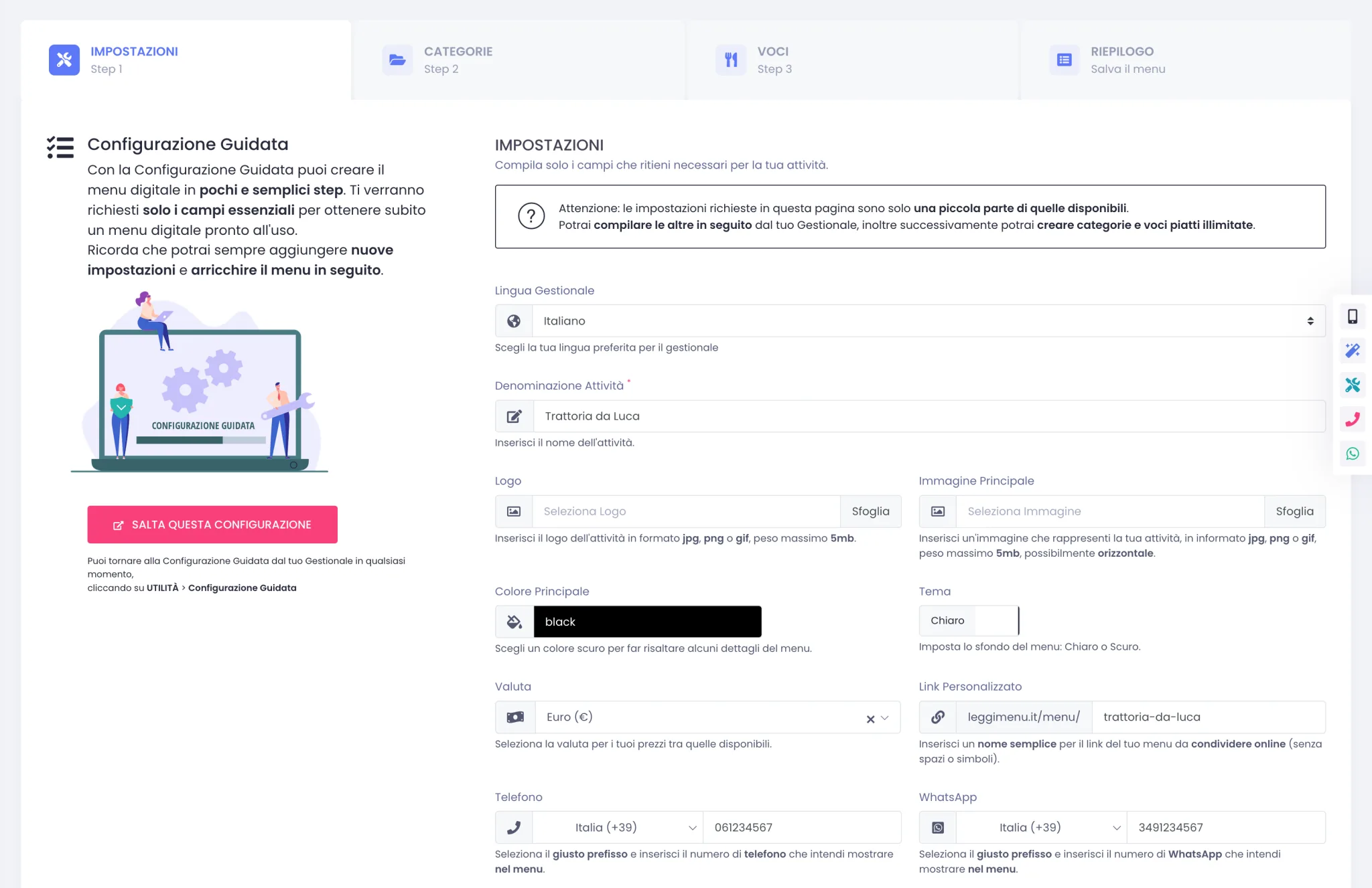 Compilazione Guidata di leggimenu, schermata iniziale con il pannello informativo a sinistra e il form Impostazioni a destra