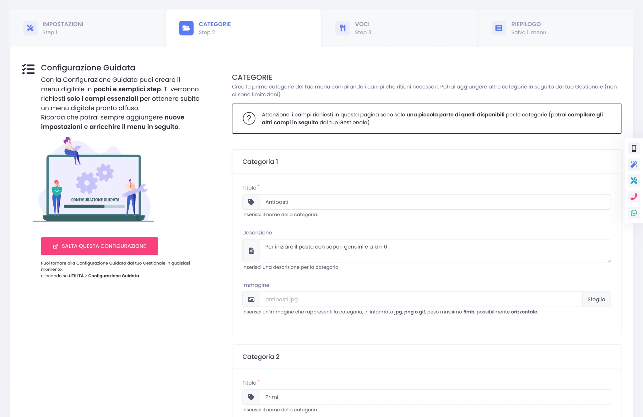 Compilazione Guidata, step Categorie con tre schede compilate