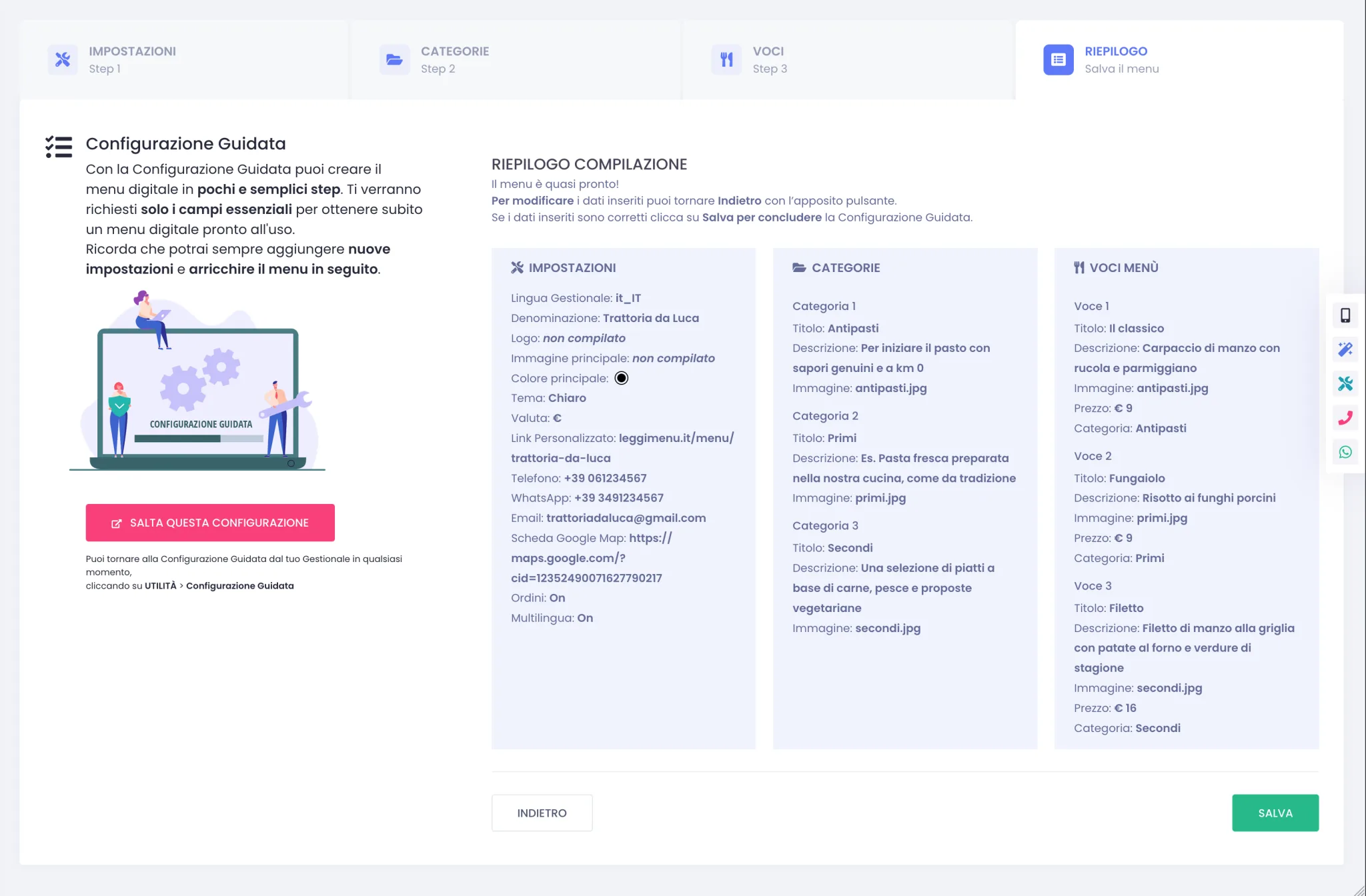 Compilazione Guidata, step Riepilogo con vista a 3 colonne e popup di conferma del salvataggio