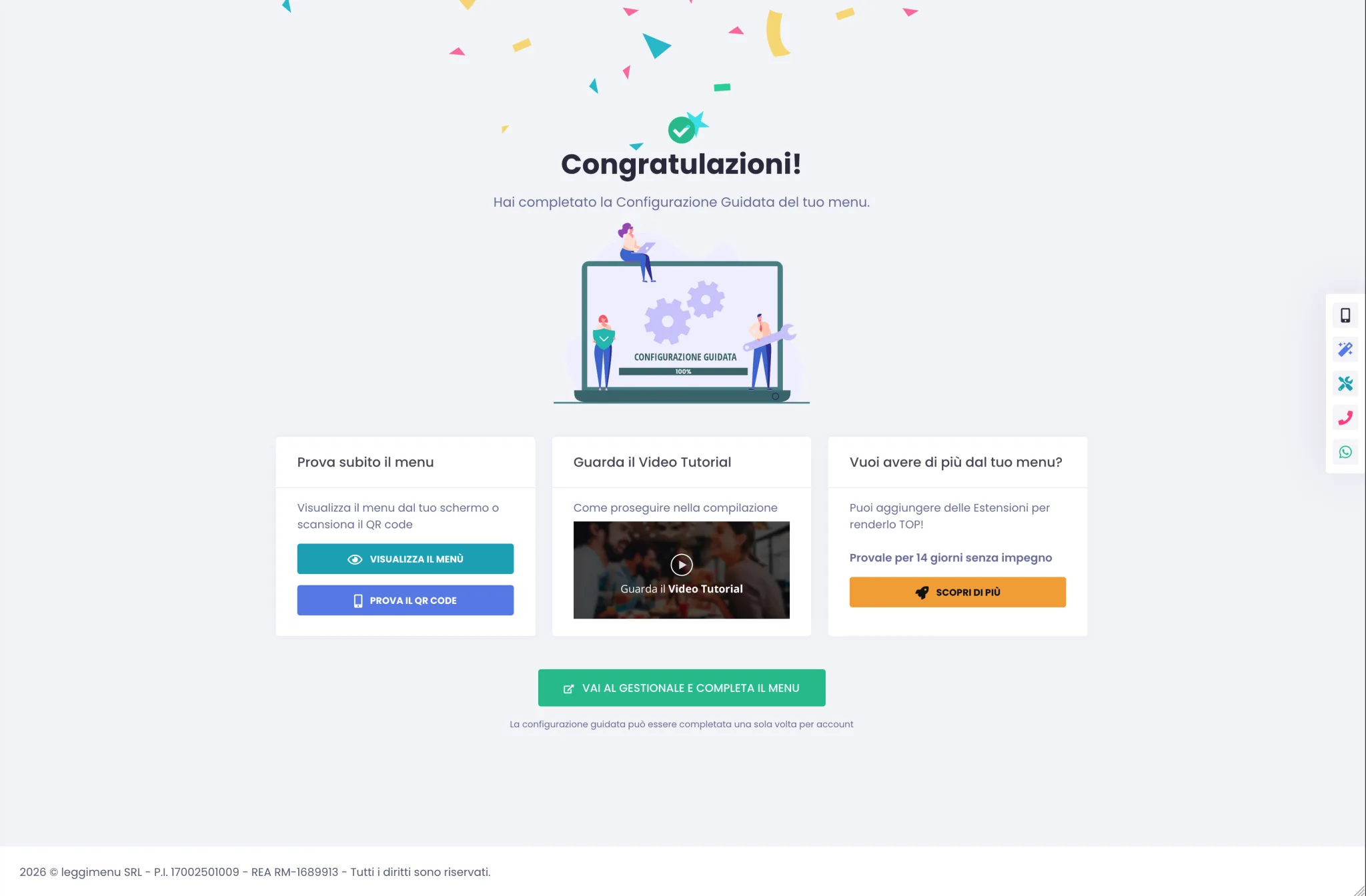 Pagina di successo Congratulazioni con i 3 box dei prossimi passi dopo aver completato la Compilazione Guidata