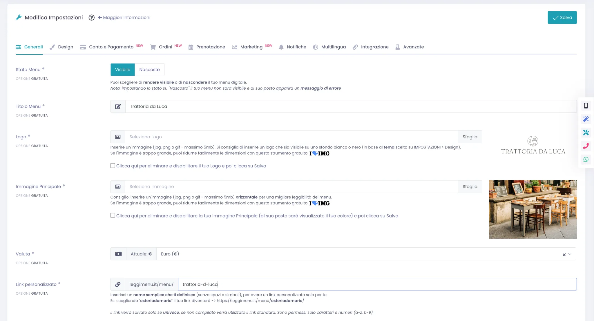 Pagina Impostazioni Generali del gestionale con i campi dati attività compilati: nome locale, indirizzo, telefono, email e valuta