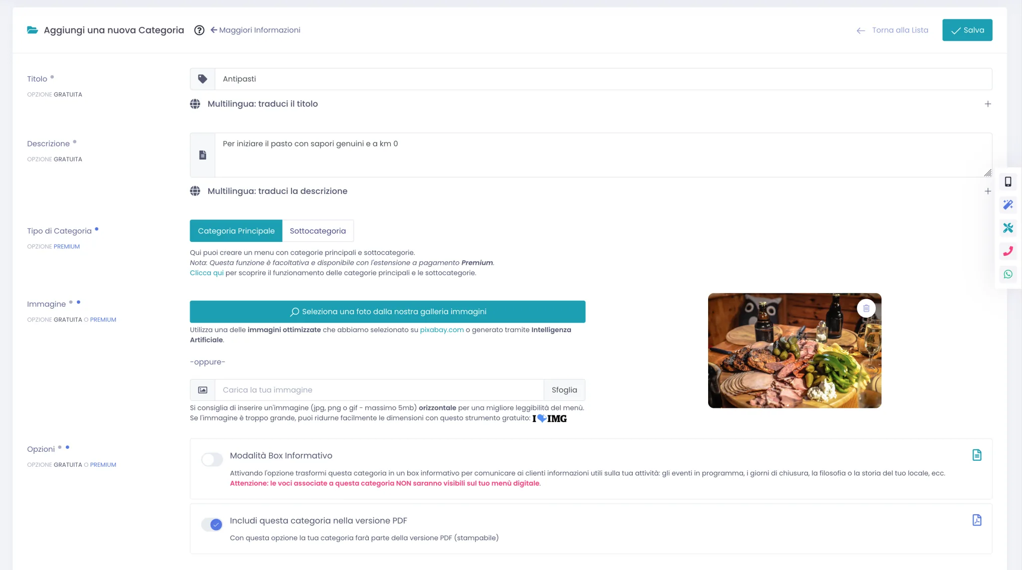 Pagina di creazione nuova categoria con Titolo Antipasti compilato e immagine selezionata dalla galleria, con anteprima visibile a destra