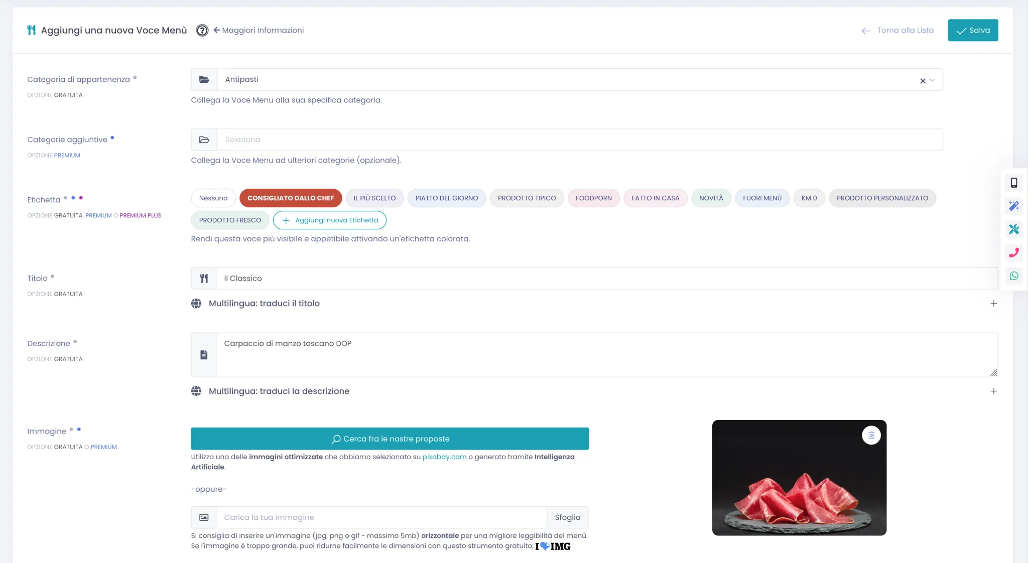 Pagina di creazione nuova voce menu, parte alta del modulo: campo Categoria selezionato, Titolo, Descrizione, Prezzo e immagine dalla galleria