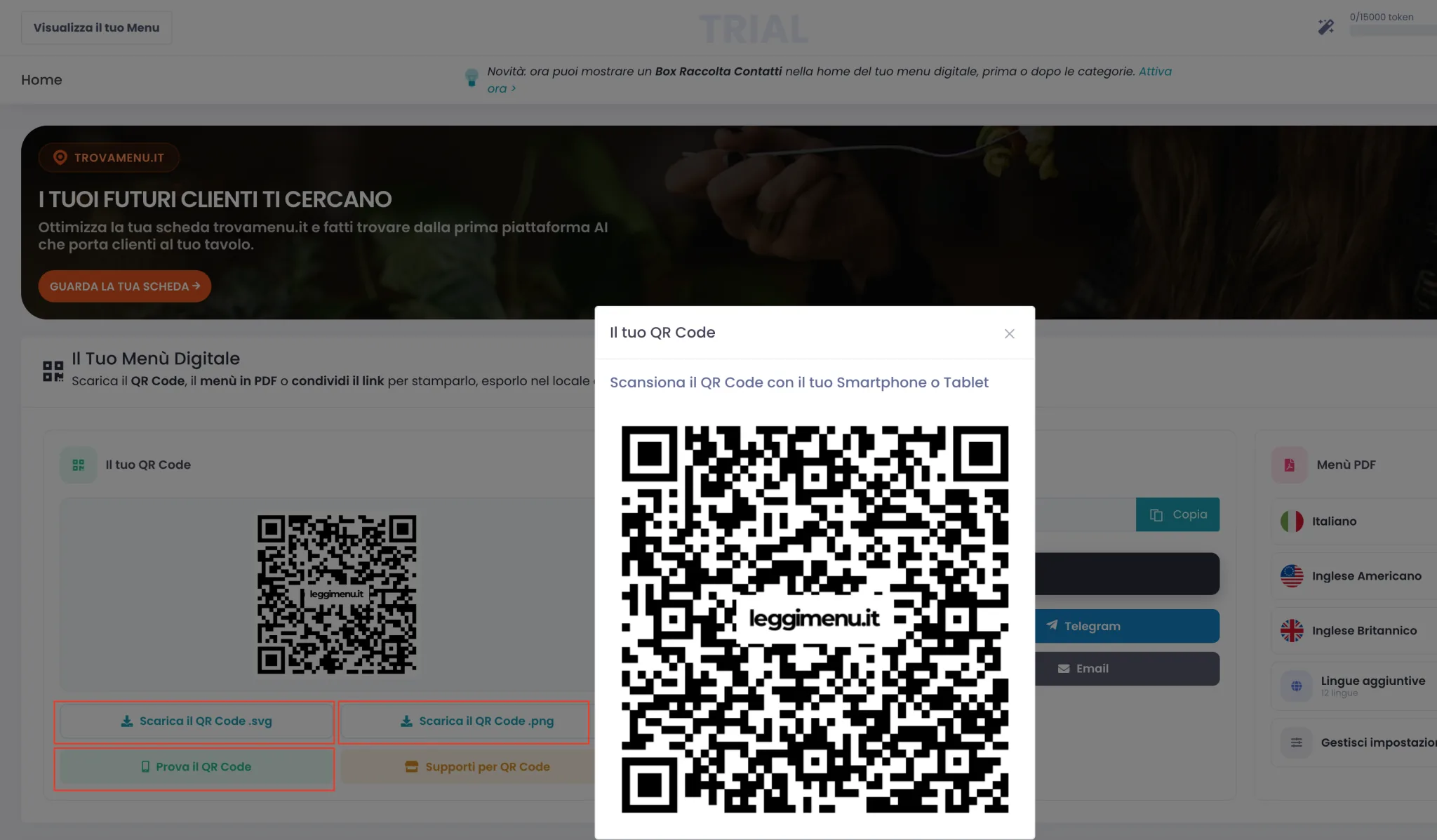 Card Il tuo QR Code nel pannello Il Tuo Menù Digitale della pagina iniziale, con l'anteprima del QR e i bottoni per scaricarlo in SVG e PNG