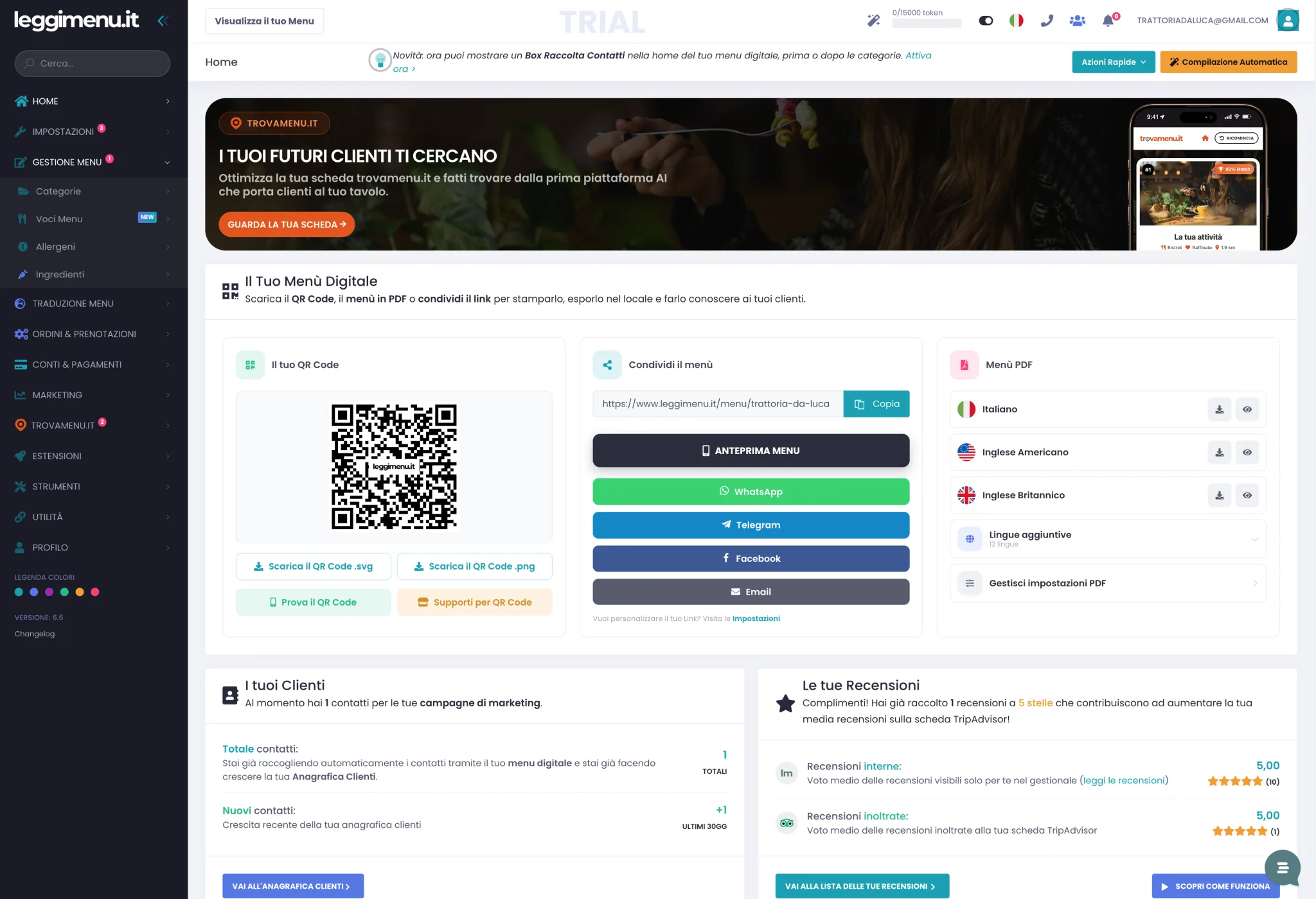 Vista completa della pagina iniziale del gestionale leggimenu con barra in alto, menu laterale e riquadri centrali