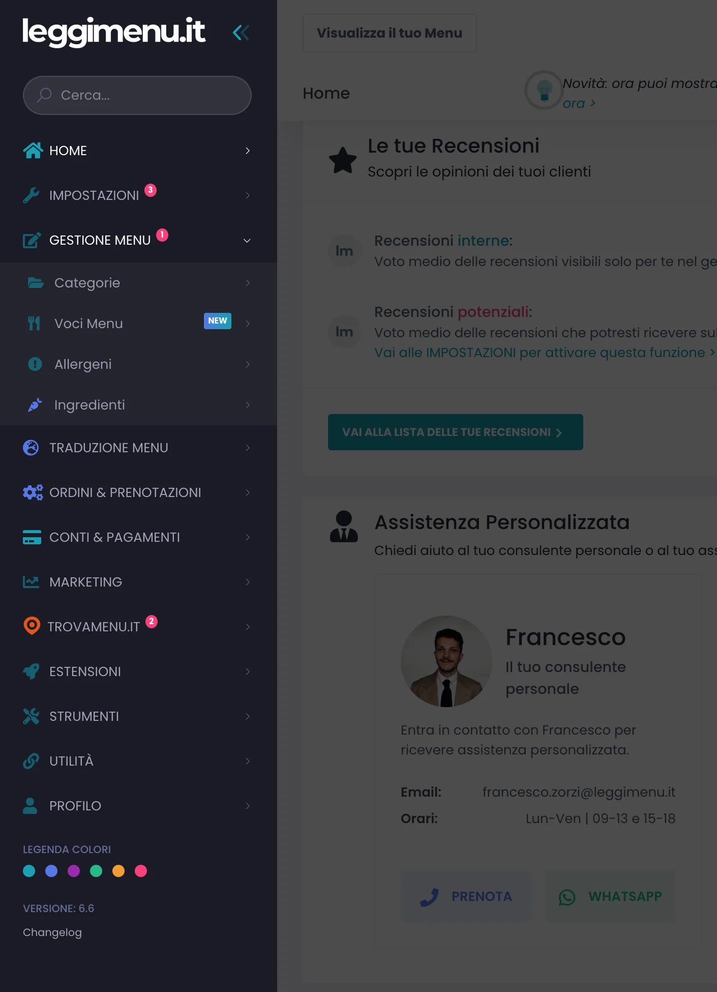 Menu laterale del gestionale aperto con tutte le voci di navigazione principali visibili