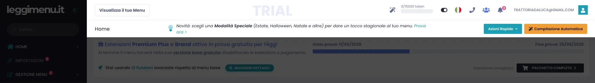 Barra in alto del gestionale con il bottone Visualizza il tuo Menu a sinistra e le icone rapide a destra