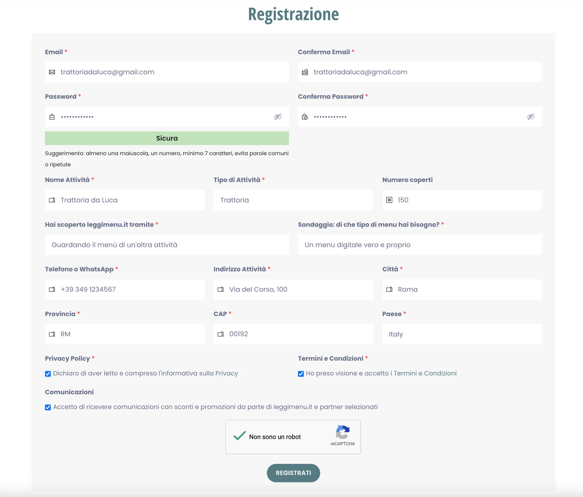Form di registrazione di leggimenu compilato con dati di esempio della Trattoria Da Luca