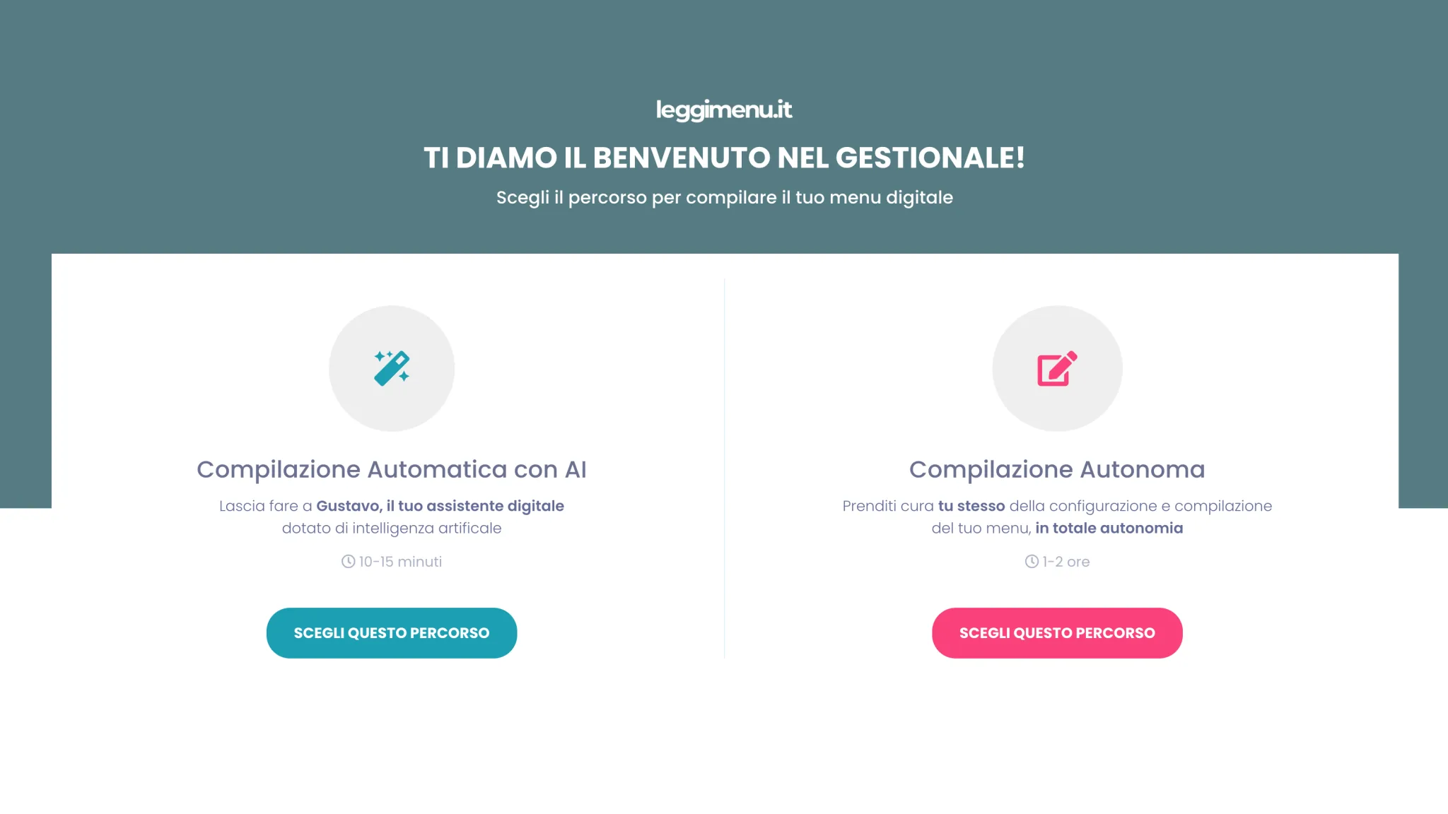 Pagina di benvenuto del gestionale leggimenu con le due card di scelta del percorso: Compilazione Automatica con AI e Compilazione Autonoma