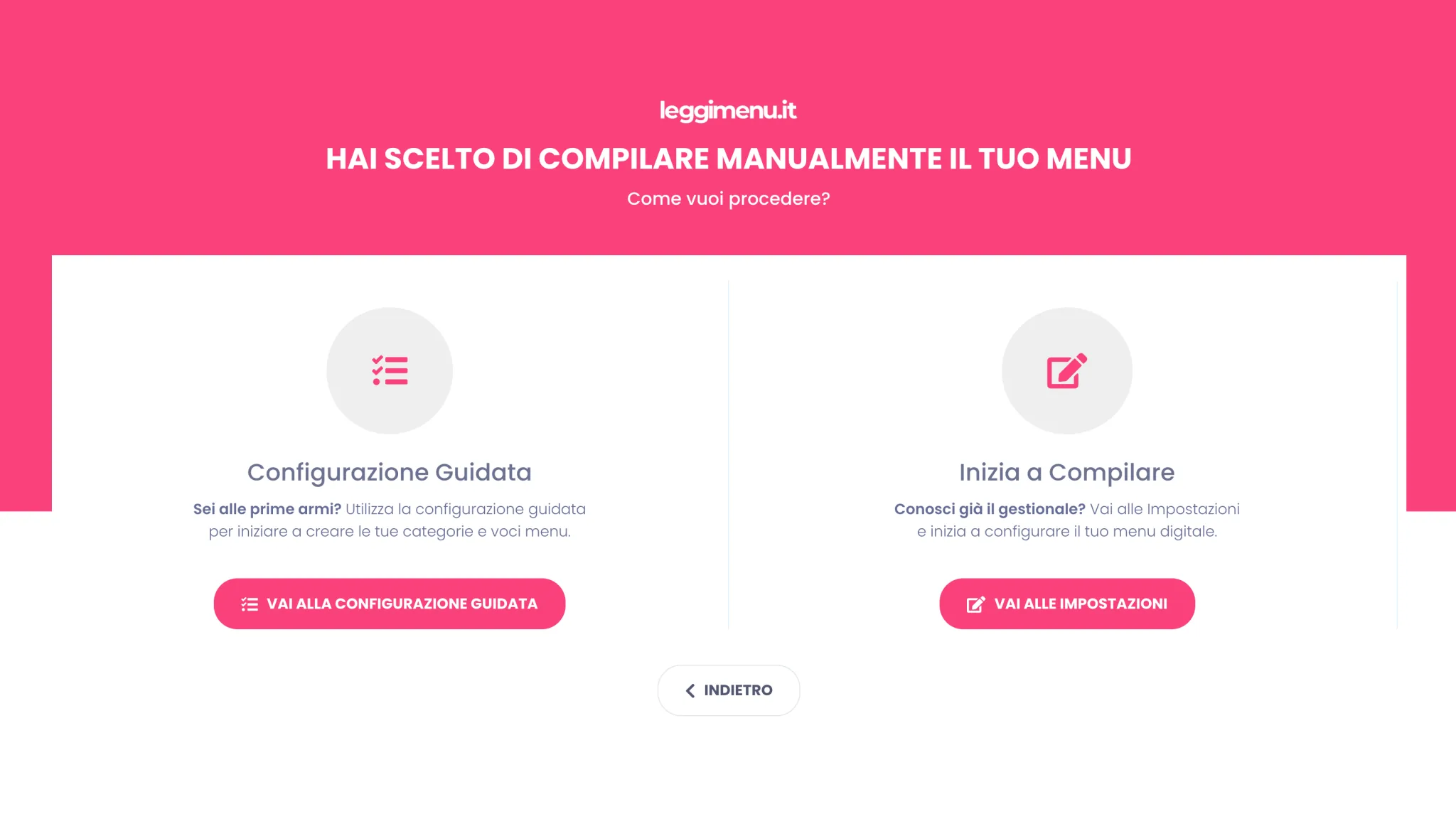 Schermata di benvenuto sub-bivio della Compilazione Autonoma con le due sub-card: Configurazione Guidata e Inizia a Compilare