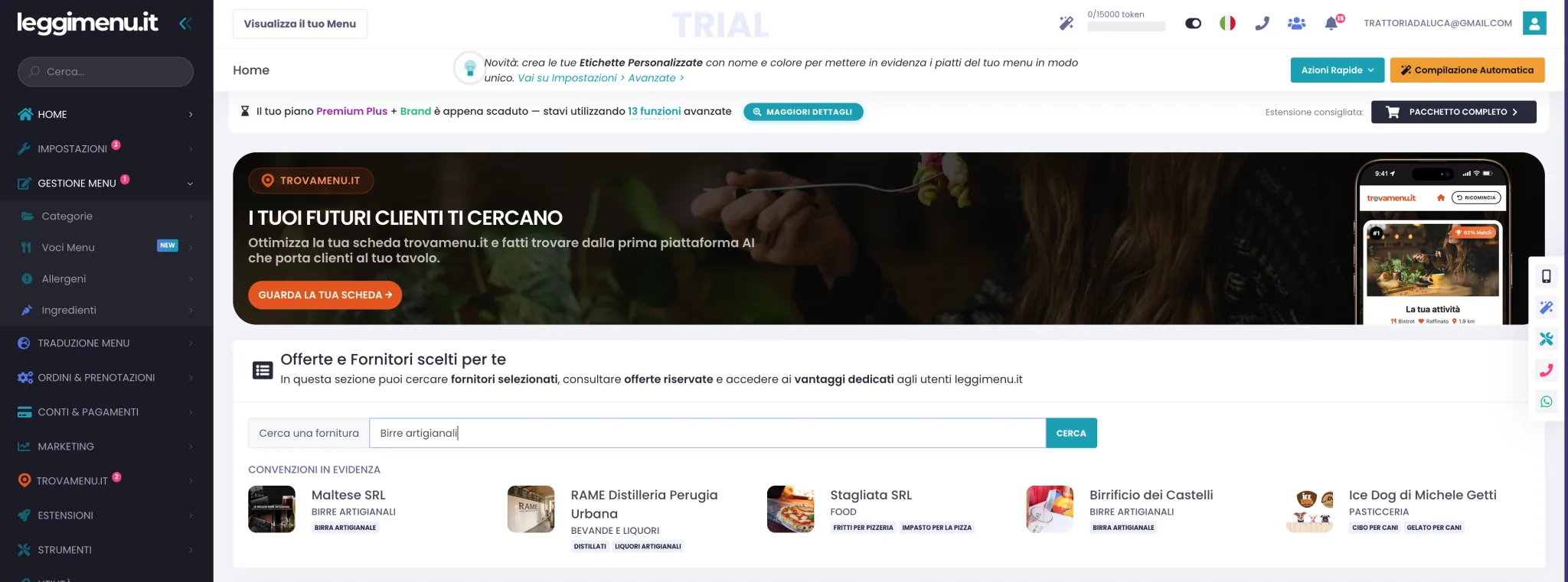 Riquadro Offerte e Fornitori scelti per te nella pagina iniziale del gestionale, con barra di ricerca e fornitori in evidenza