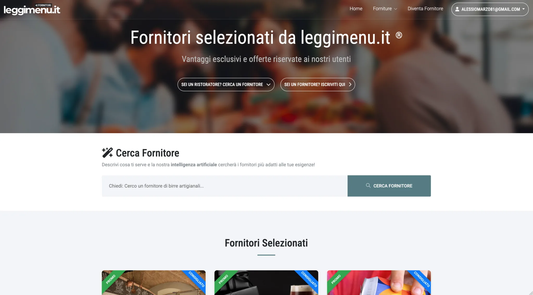 Parte alta del portale fornitori.leggimenu.it con il titolo Fornitori selezionati e la barra di ricerca con intelligenza artificiale