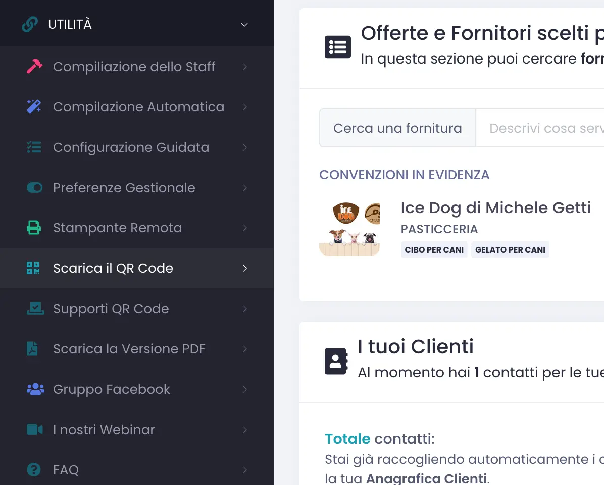 Menu laterale del gestionale con la voce Utilità espansa e la riga Scarica il QR Code visibile