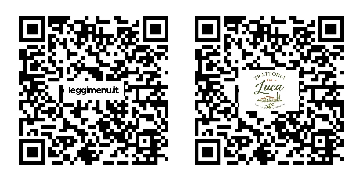 Due QR Code affiancati: a sinistra la versione standard con logo leggimenu al centro, a destra la versione con il logo del ristorante grazie all'estensione Brand
