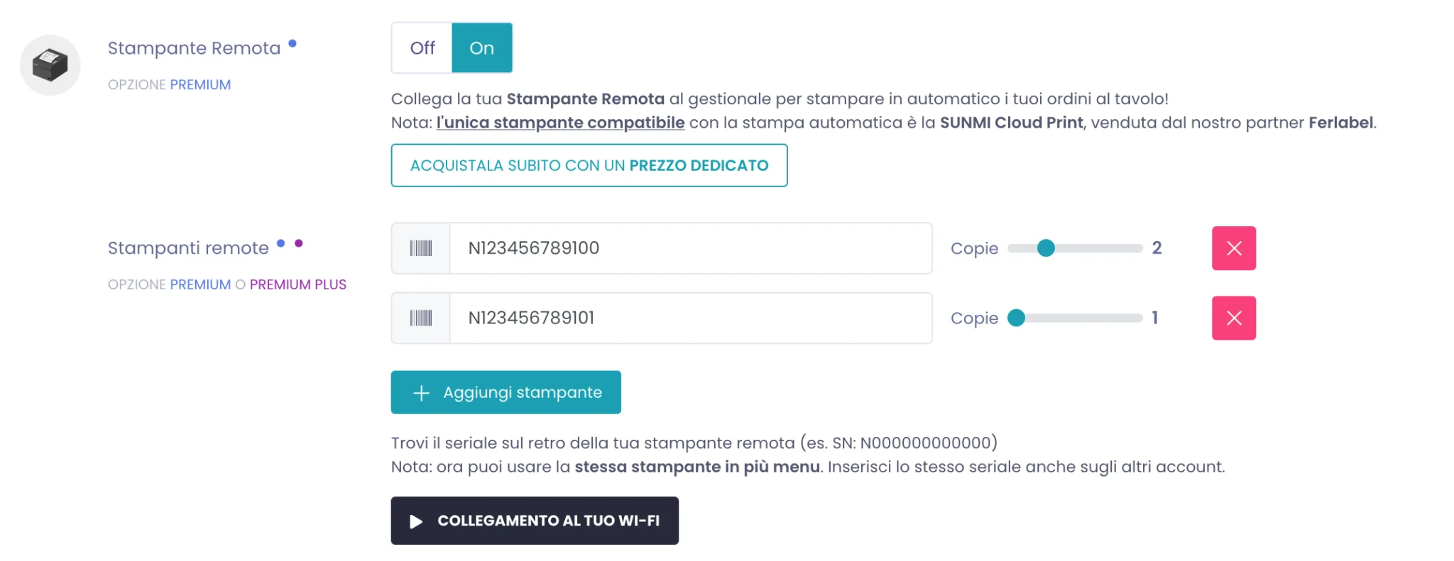 Riquadro Stampante Remota in Impostazioni > Integrazione con interruttore su On, campi per il seriale delle stampanti, numero di copie e bottone Aggiungi stampante