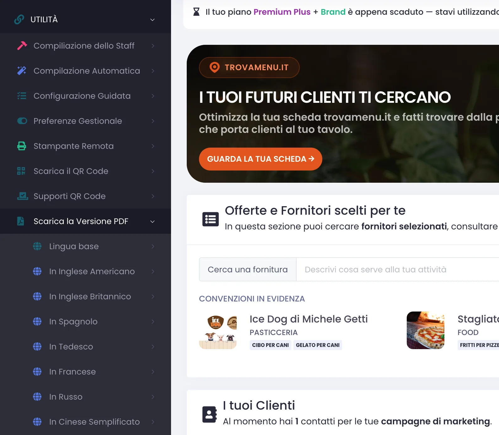 Menu laterale del gestionale con la voce Utilità > Scarica la Versione PDF espansa e l'elenco delle lingue disponibili (Lingua base, Inglese, Spagnolo, Tedesco, Francese e altre)
